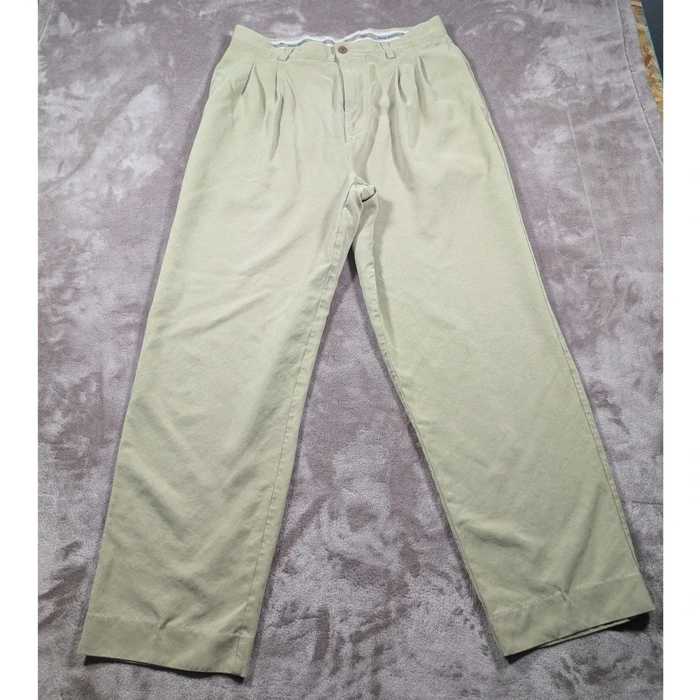Tommy Bahama Pleated Trousers Mens 34 x UFN Khaki 100% Silk Straight Leg Pants